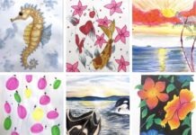 a collage of paintings of sea animals and flowers